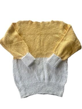 Vintage 80s Colorblock Cotton Sweater M Butter Yellow Boxy Knit Pullover